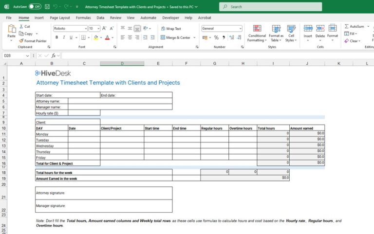 Free Attorney Timesheet Generator & Template in Excel | HiveDesk