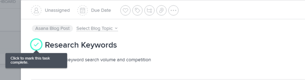 Marking a task complete in Asana Project Tabs