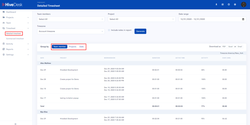 Detailed employee timesheet report