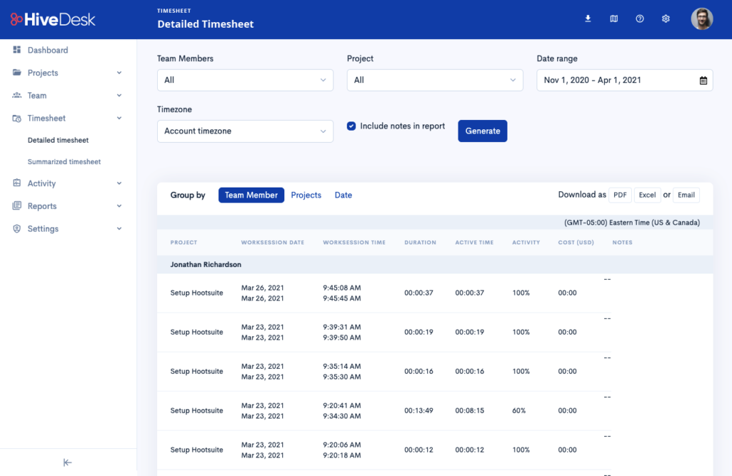 Automatic online timesheets