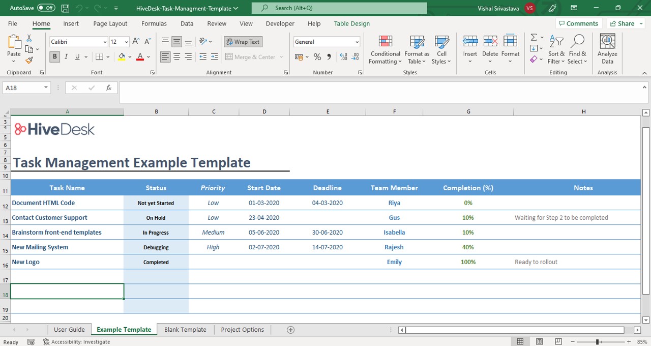 excel tasks template