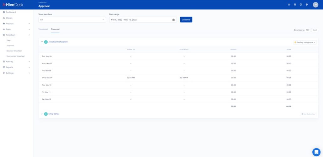 HiveDesk employee timecard approval process