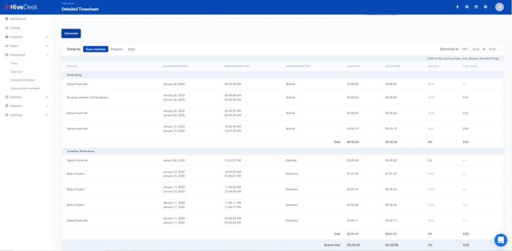 HiveDesk time tracking software employee timesheet