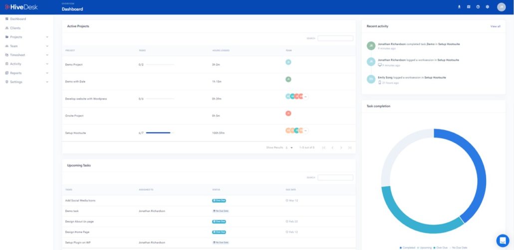 HiveDesk time tracking app dashboard