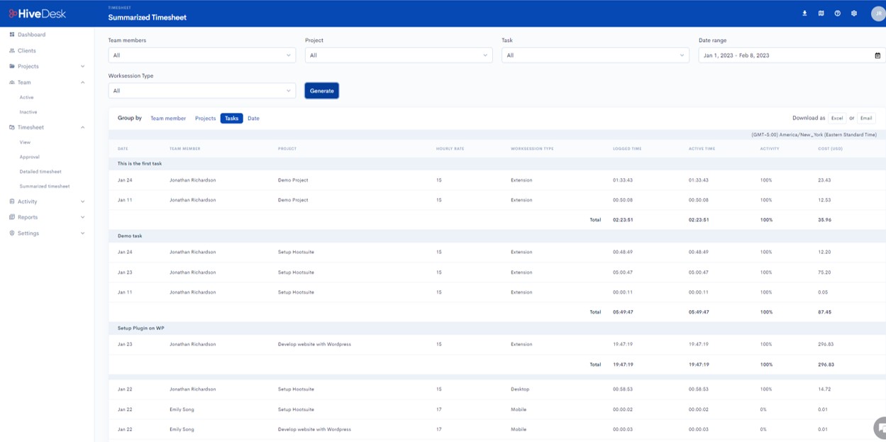 Task and project time tracking in HiveDesk