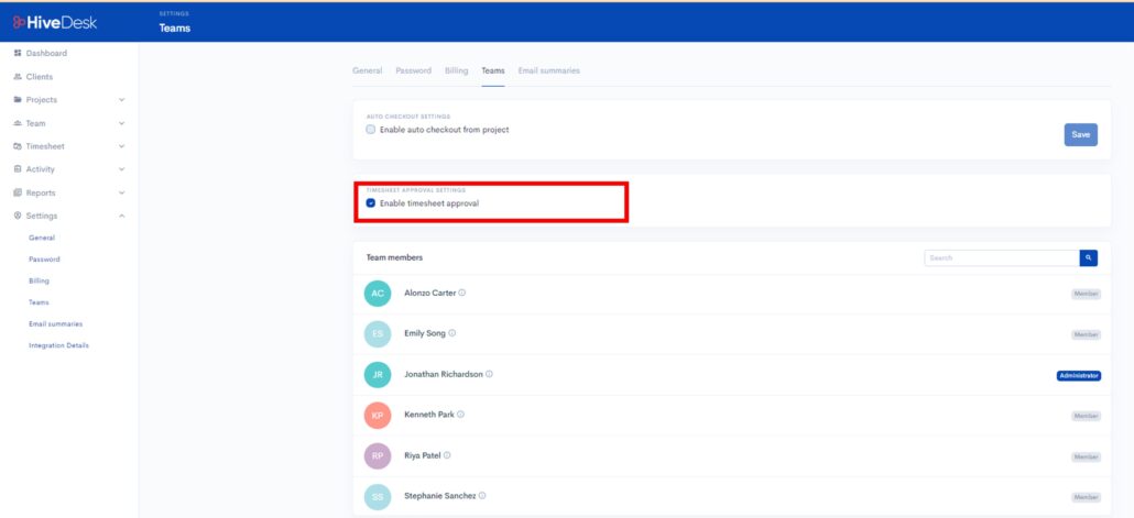 Timesheet approval process setting